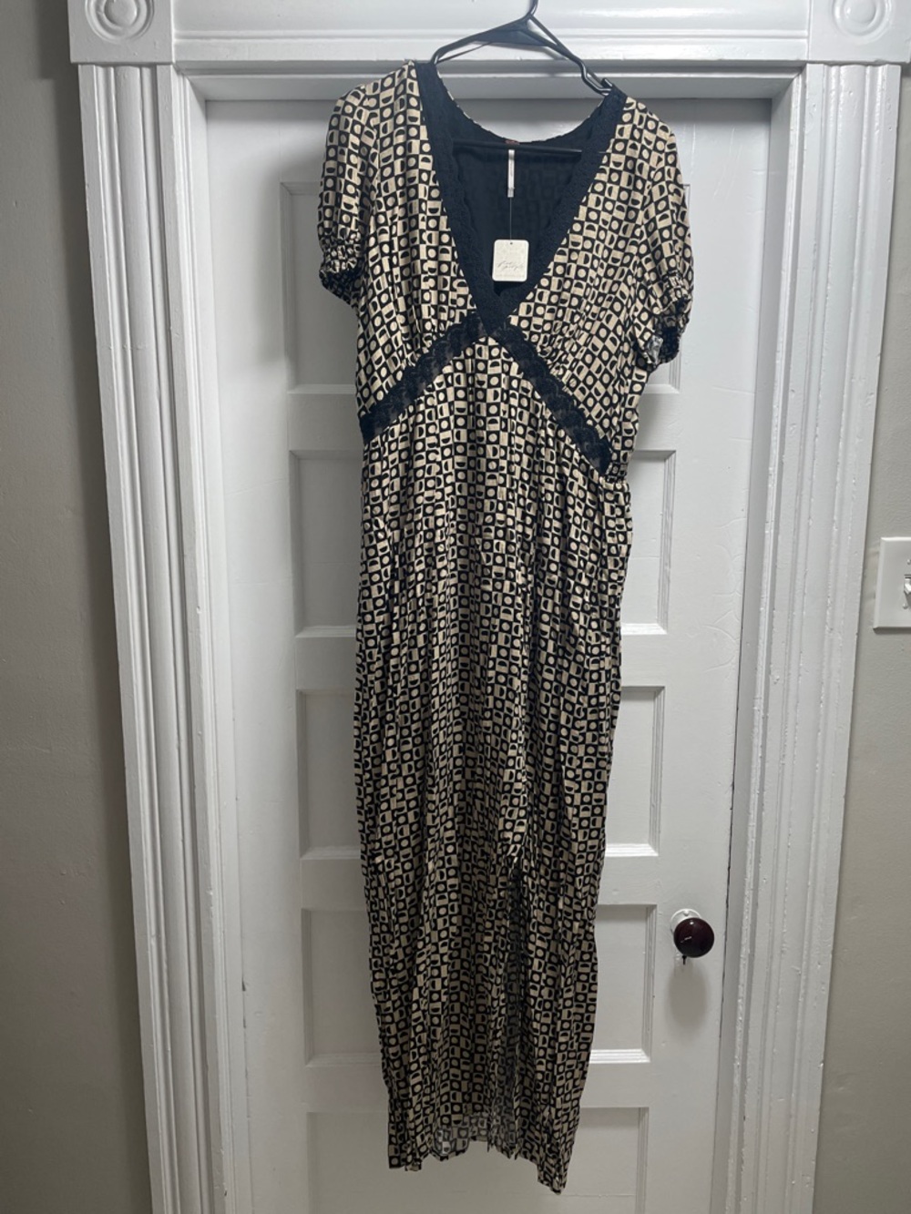 Free People Black and Cream Geometric V-Neck Maxi Dress